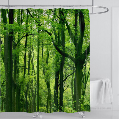 Imprimare 3D modernă, pădure, peisaj răcoritor, perdea de duș, peisaj impermeabil, plantă verde, munte, cu cârlige, decor baie