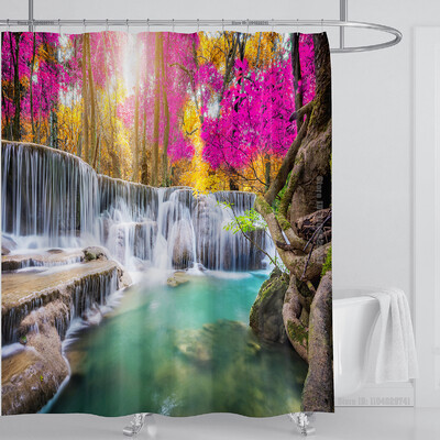 Imprimare 3D modernă, pădure, peisaj răcoritor, perdea de duș, peisaj impermeabil, plantă verde, munte, cu cârlige, decor baie