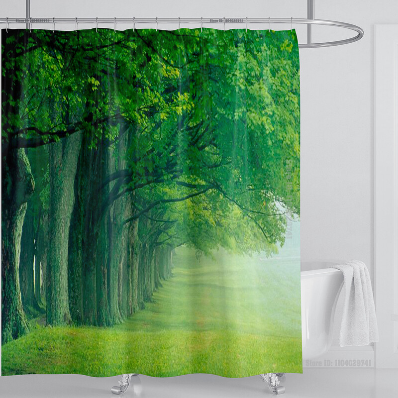 Imprimare 3D modernă, pădure, peisaj răcoritor, perdea de duș, peisaj impermeabil, plantă verde, munte, cu cârlige, decor baie