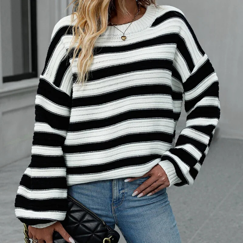 Pulover cu dungi cu decolteu O Femei Nou toamna/iarna 2024 Pulovere lejer, versatil, cu maneci lungi, moda feminina Top tricotat supradimensionat