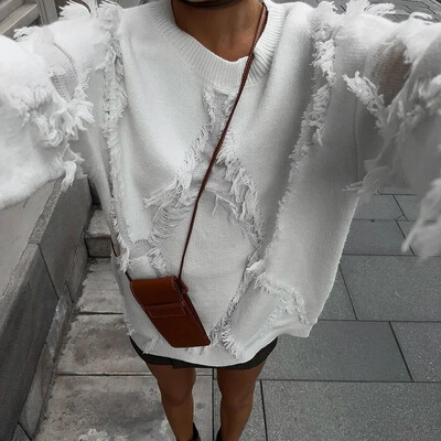 Pulover la modă retro femei 2024 toamnă iarnă nou lejer casual tricotat gât rotund ciucuri pulovere femei confortabil top cald