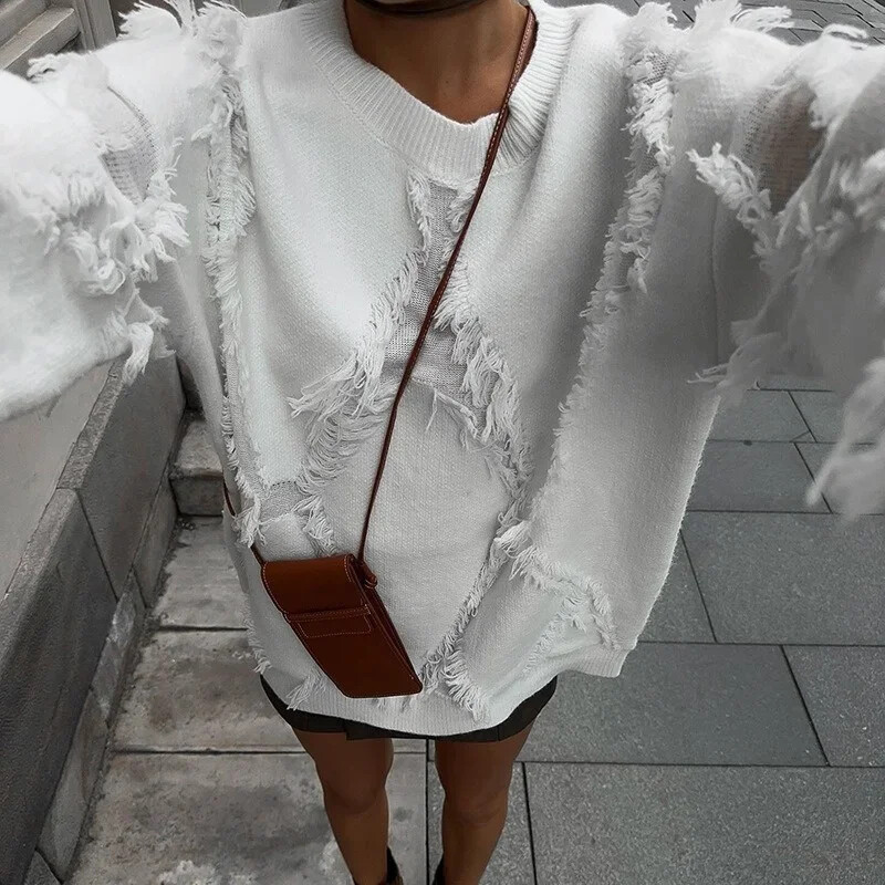 Pulover la modă retro femei 2024 toamnă iarnă nou lejer casual tricotat gât rotund ciucuri pulovere femei confortabil top cald