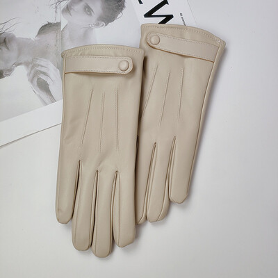 Модни дамски кожени ръкавици с пълен пръст плюс кадифена панделка Зимни колоездене на открито Дебели топли ръкавици за шофиране със сензорен екран S185