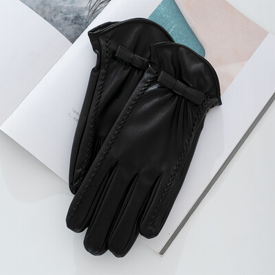 Модни дамски кожени ръкавици с пълен пръст плюс кадифена панделка Зимни колоездене на открито Дебели топли ръкавици за шофиране със сензорен екран S185