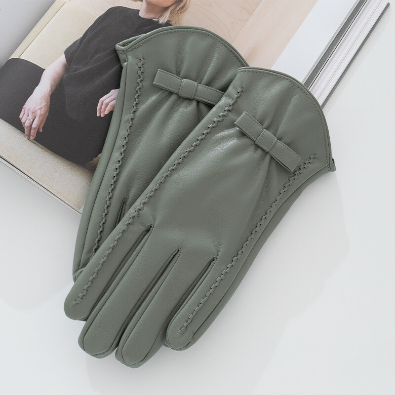 Модни дамски кожени ръкавици с пълен пръст плюс кадифена панделка Зимни колоездене на открито Дебели топли ръкавици за шофиране със сензорен екран S185