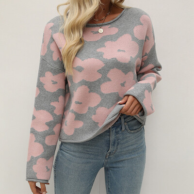 Ženski jesenski modni jacquard džemper dugih rukava, ležeran pulover s okruglim izrezom, pletene kratke majice s cvjetnim uzorkom
