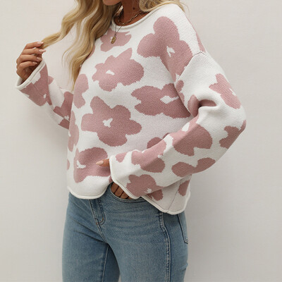 Ženski jesenski modni jacquard džemper dugih rukava, ležeran pulover s okruglim izrezom, pletene kratke majice s cvjetnim uzorkom