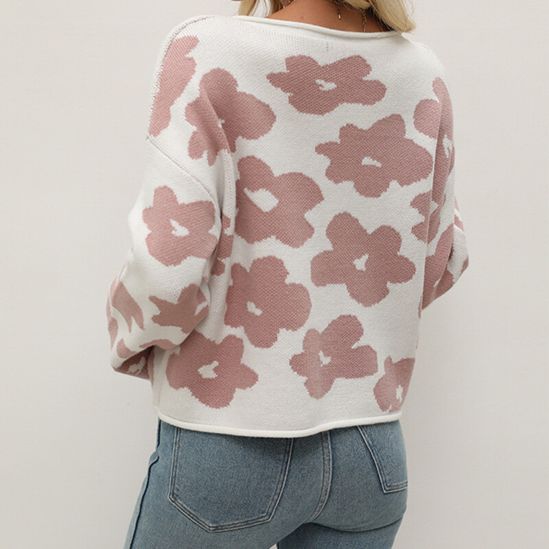 Ženski jesenski modni jacquard džemper dugih rukava, ležeran pulover s okruglim izrezom, pletene kratke majice s cvjetnim uzorkom