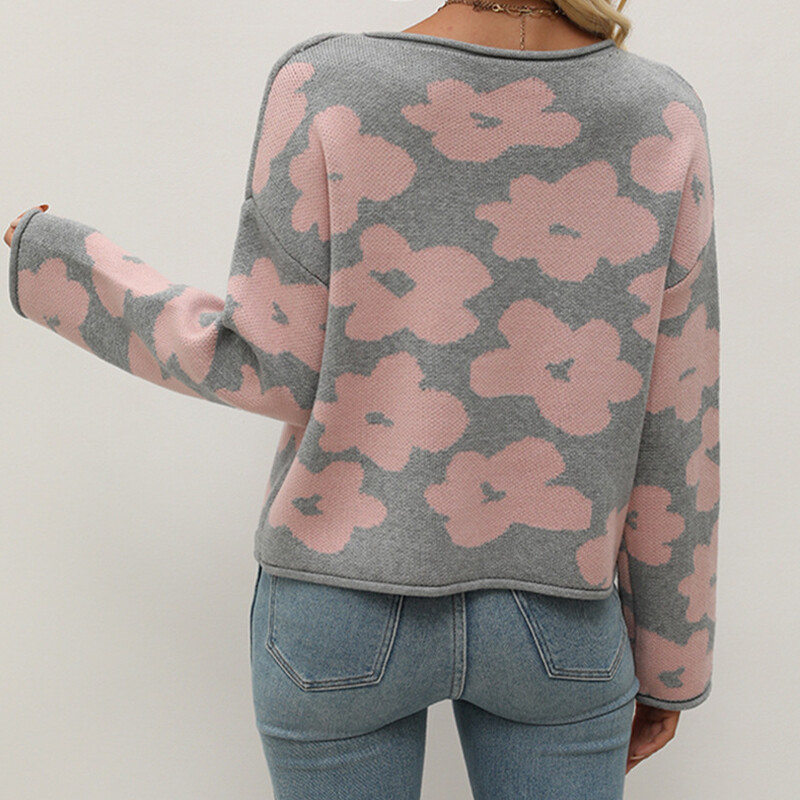 Ženski jesenski modni jacquard džemper dugih rukava, ležeran pulover s okruglim izrezom, pletene kratke majice s cvjetnim uzorkom