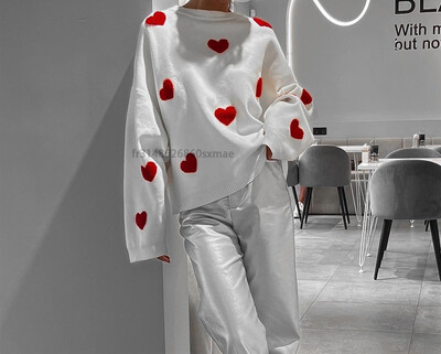 Pulover tricot cu gât în formă de inimă de dragoste pentru femei, broderie, la modă, cu mânecă lungă, pulover, pulover supradimensionat pentru femei