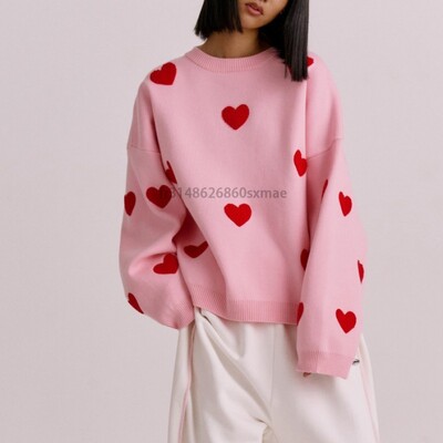 Pulover tricot cu gât în formă de inimă de dragoste pentru femei, broderie, la modă, cu mânecă lungă, pulover, pulover supradimensionat pentru femei