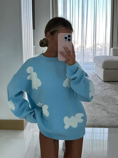 Pulover tricot cu gât în formă de inimă de dragoste pentru femei, broderie, la modă, cu mânecă lungă, pulover, pulover supradimensionat pentru femei