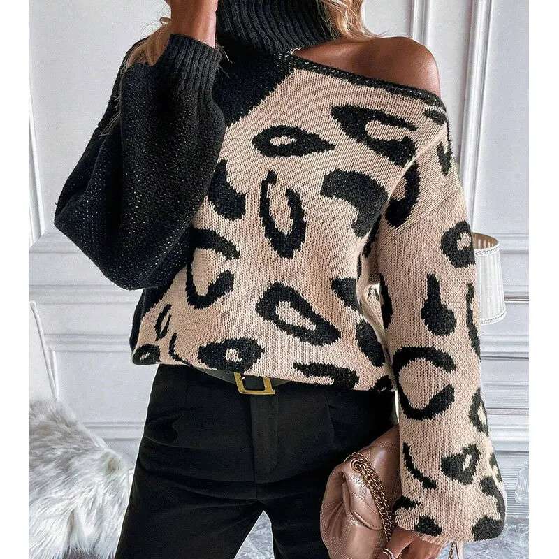 Pulover de damă, sexy, fără umăr, cu imprimeu de leopard, cu gât țesut, scobit, cu culoarea vrăjită, pentru toamnă și iarnă