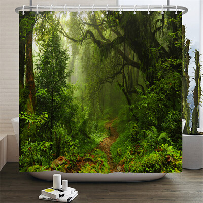Perdele de duș cu peisaj natural de pădure Perdele de baie cu imprimare 3d Țesătură lavabilă din poliester cu cârlige Ecran decorativ pentru casă