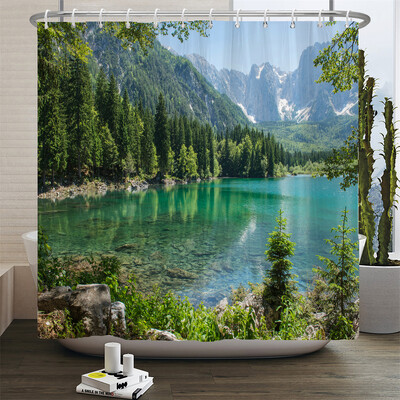 Perdele de duș cu peisaj natural de pădure Perdele de baie cu imprimare 3d Țesătură lavabilă din poliester cu cârlige Ecran decorativ pentru casă