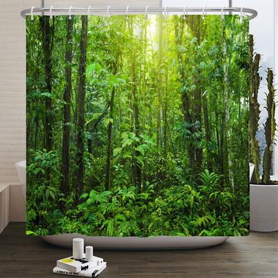 Perdele de duș cu peisaj natural de pădure Perdele de baie cu imprimare 3d Țesătură lavabilă din poliester cu cârlige Ecran decorativ pentru casă