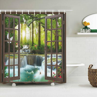 Perdele de duș cu peisaj natural de pădure Perdele de baie cu imprimare 3d Țesătură lavabilă din poliester cu cârlige Ecran decorativ pentru casă