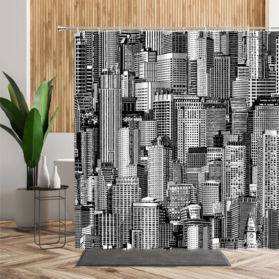 Niujorko naktinis peizažas dušo užuolaidos modernus miesto tilto pastatas vonios užuolaidos 3D retro juoda balta nuotrauka vonios dekorų rinkinys