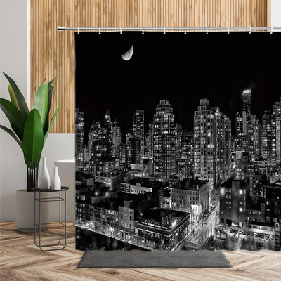 Niujorko naktinis peizažas dušo užuolaidos modernus miesto tilto pastatas vonios užuolaidos 3D retro juoda balta nuotrauka vonios dekorų rinkinys