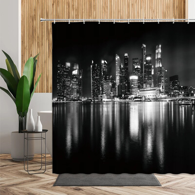 Niujorko naktinis peizažas dušo užuolaidos modernus miesto tilto pastatas vonios užuolaidos 3D retro juoda balta nuotrauka vonios dekorų rinkinys