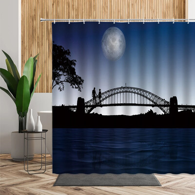 Niujorko naktinis peizažas dušo užuolaidos modernus miesto tilto pastatas vonios užuolaidos 3D retro juoda balta nuotrauka vonios dekorų rinkinys