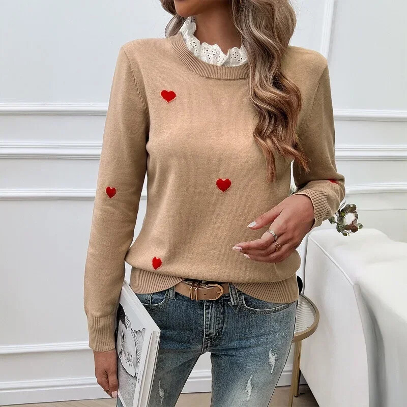 Toamnă Iarnă Pulover Nou din Dantela Inimă Femei 2024 Temperament Casual Pulovere tricotate cu gâtul O Femeie Confortabilă La modă Topuri largi