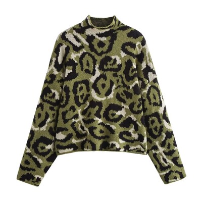 Sieviešu 2024. gada ziemas Eiropas un Amerikas retro stila brīvs apkakles apkakle ar garām piedurknēm, dzīvnieku raksta žakarda trikotāžas džemperis