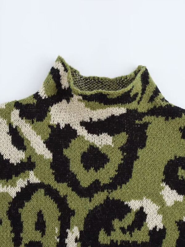 Sieviešu 2024. gada ziemas Eiropas un Amerikas retro stila brīvs apkakles apkakle ar garām piedurknēm, dzīvnieku raksta žakarda trikotāžas džemperis