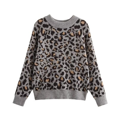 Rudens un ziemas jauns slinks stila leoparda raksts dzīvnieku apdrukas žakarda adīts džemperis ar apaļu kaklu sievietēm