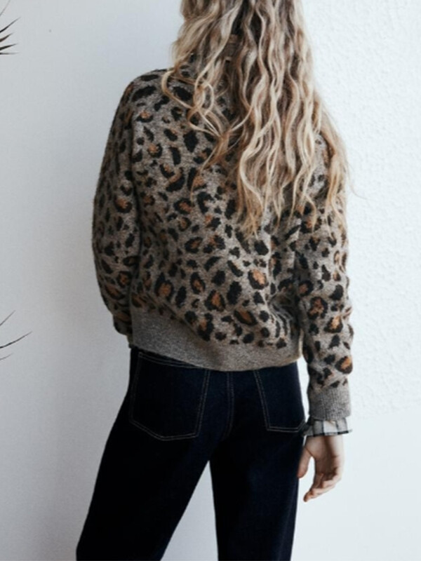 Rudens un ziemas jauns slinks stila leoparda raksts dzīvnieku apdrukas žakarda adīts džemperis ar apaļu kaklu sievietēm