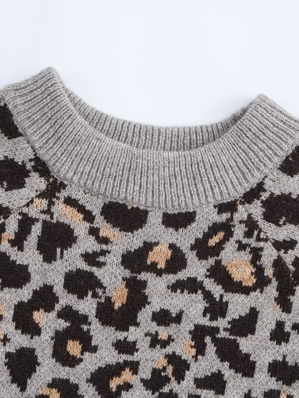 Rudens un ziemas jauns slinks stila leoparda raksts dzīvnieku apdrukas žakarda adīts džemperis ar apaļu kaklu sievietēm