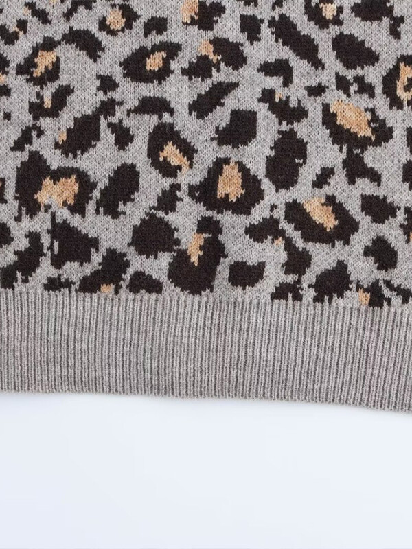 Rudens un ziemas jauns slinks stila leoparda raksts dzīvnieku apdrukas žakarda adīts džemperis ar apaļu kaklu sievietēm