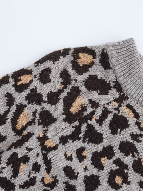 Rudens un ziemas jauns slinks stila leoparda raksts dzīvnieku apdrukas žakarda adīts džemperis ar apaļu kaklu sievietēm