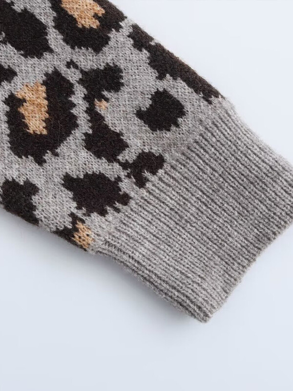 Rudens un ziemas jauns slinks stila leoparda raksts dzīvnieku apdrukas žakarda adīts džemperis ar apaļu kaklu sievietēm