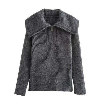 Pulover cu rever mare pentru femei toamna și iarna 2024, noul stil coreean leneș, topuri tricotate de înaltă calitate