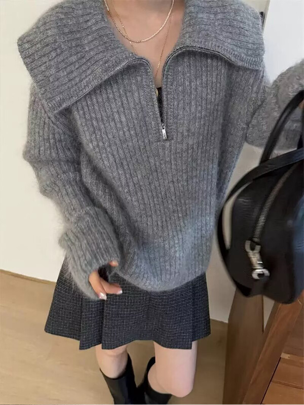 Pulover cu rever mare pentru femei toamna și iarna 2024, noul stil coreean leneș, topuri tricotate de înaltă calitate