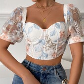 Top corset pentru femei, model sexy de vară, bluză, lenjerie, broderie coreeană, bluze din dantelă florală, top cu mâneci bufante, vintage