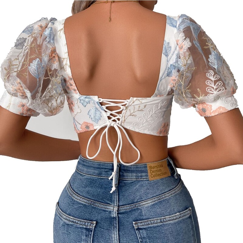 Top corset pentru femei, model sexy de vară, bluză, lenjerie, broderie coreeană, bluze din dantelă florală, top cu mâneci bufante, vintage