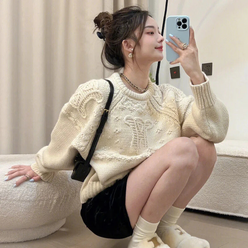 Rudens/ziemas 3D trikotāžas džemperis, augstākās klases džemperis, kas samazina vecumu, brīvi pieguļošs pulovera dizains Sensibility džempera jaka sievietēm