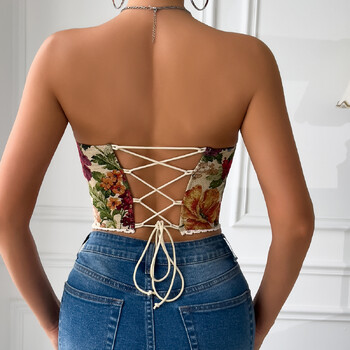 Y2K Ρετρό Street Αμάνικο Bare Shoulder Crop Top, Σέξι δαντέλα κέντημα Floral στράπλες φανελάκι με κορσέ ψαροκόκαλο