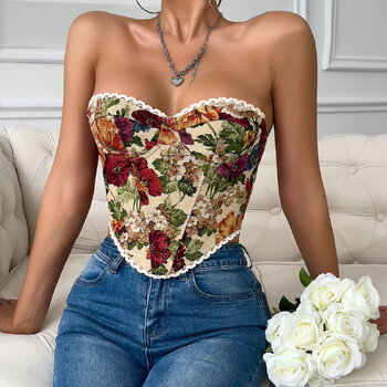 Y2K Ρετρό Street Αμάνικο Bare Shoulder Crop Top, Σέξι δαντέλα κέντημα Floral στράπλες φανελάκι με κορσέ ψαροκόκαλο