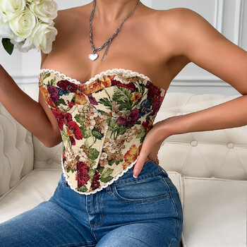 Y2K Ρετρό Street Αμάνικο Bare Shoulder Crop Top, Σέξι δαντέλα κέντημα Floral στράπλες φανελάκι με κορσέ ψαροκόκαλο