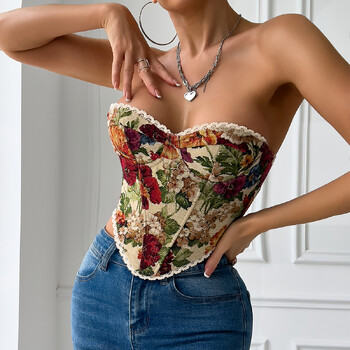 Y2K Ρετρό Street Αμάνικο Bare Shoulder Crop Top, Σέξι δαντέλα κέντημα Floral στράπλες φανελάκι με κορσέ ψαροκόκαλο