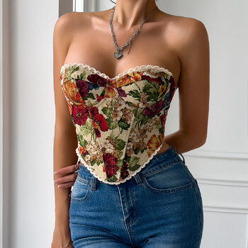 Y2K Ρετρό Street Αμάνικο Bare Shoulder Crop Top, Σέξι δαντέλα κέντημα Floral στράπλες φανελάκι με κορσέ ψαροκόκαλο