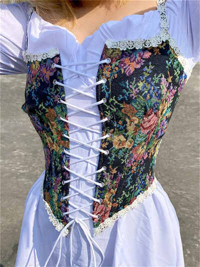 Ženski retro jacquard korzet Čipkani cvjetni obrub Bandage Bustier Kratke majice s lađastim izrezom Nepravilne majice bez rukava Ženske