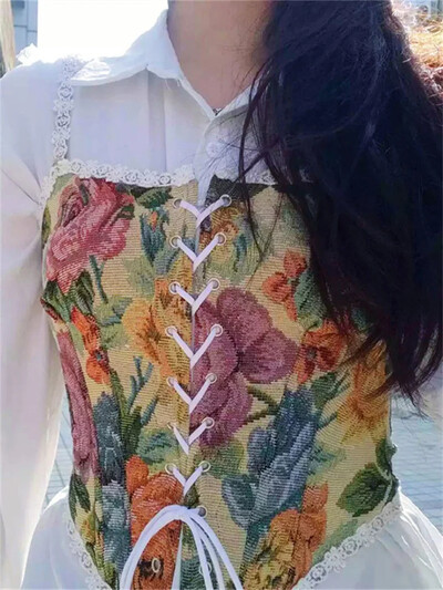 Ženski retro jacquard korzet Čipkani cvjetni obrub Bandage Bustier Kratke majice s lađastim izrezom Nepravilne majice bez rukava Ženske