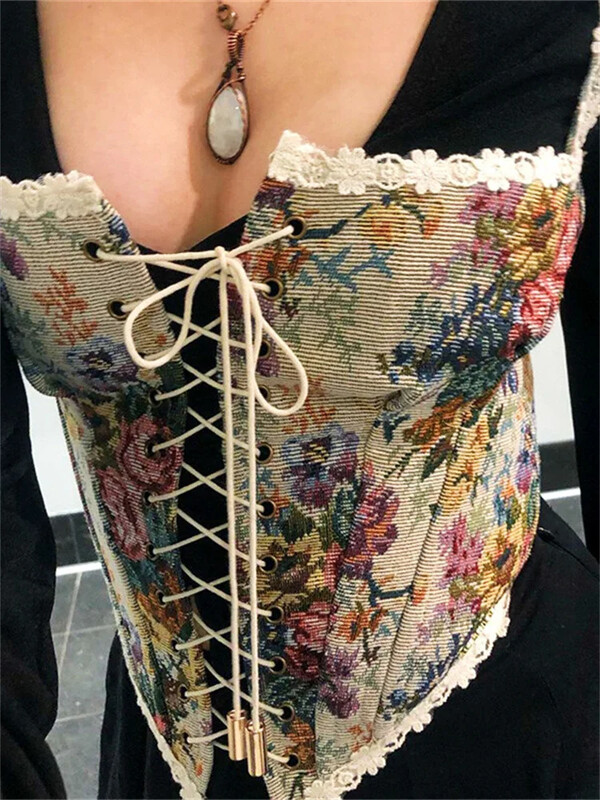 Ženski retro jacquard korzet Čipkani cvjetni obrub Bandage Bustier Kratke majice s lađastim izrezom Nepravilne majice bez rukava Ženske