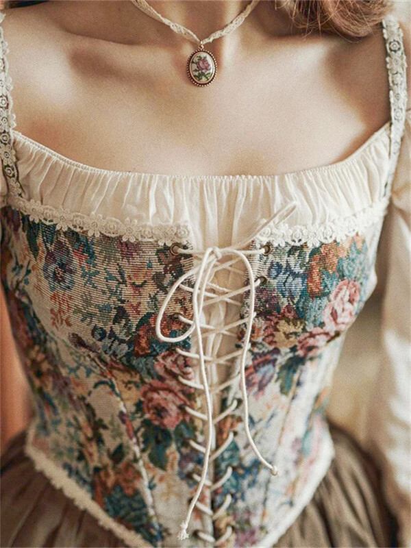 Ženski retro jacquard korzet Čipkani cvjetni obrub Bandage Bustier Kratke majice s lađastim izrezom Nepravilne majice bez rukava Ženske