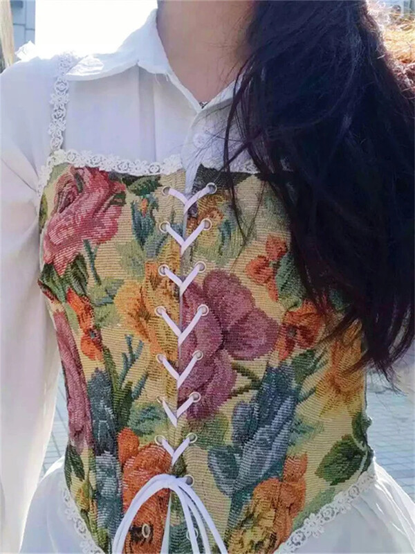 Ženski retro jacquard korzet Čipkani cvjetni obrub Bandage Bustier Kratke majice s lađastim izrezom Nepravilne majice bez rukava Ženske