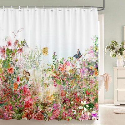 Perdele de duș cu model de flori de fluturi Perdele de baie Perdele de baie din poliester impermeabil cu 12 cârlige Perdeau de duș